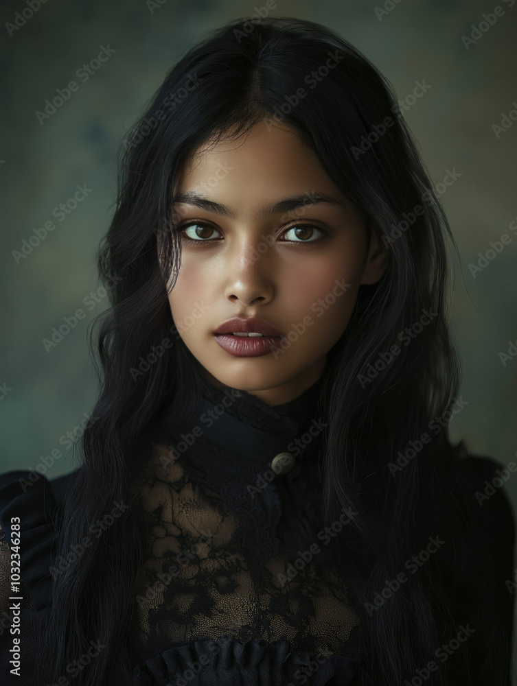 Portrait of Serious Young Woman in Formal Blouse with Tan Skin and Dark Hair Portrait of Serious Young Woman in Formal Blouse with Tan Skin and Dark Hair
