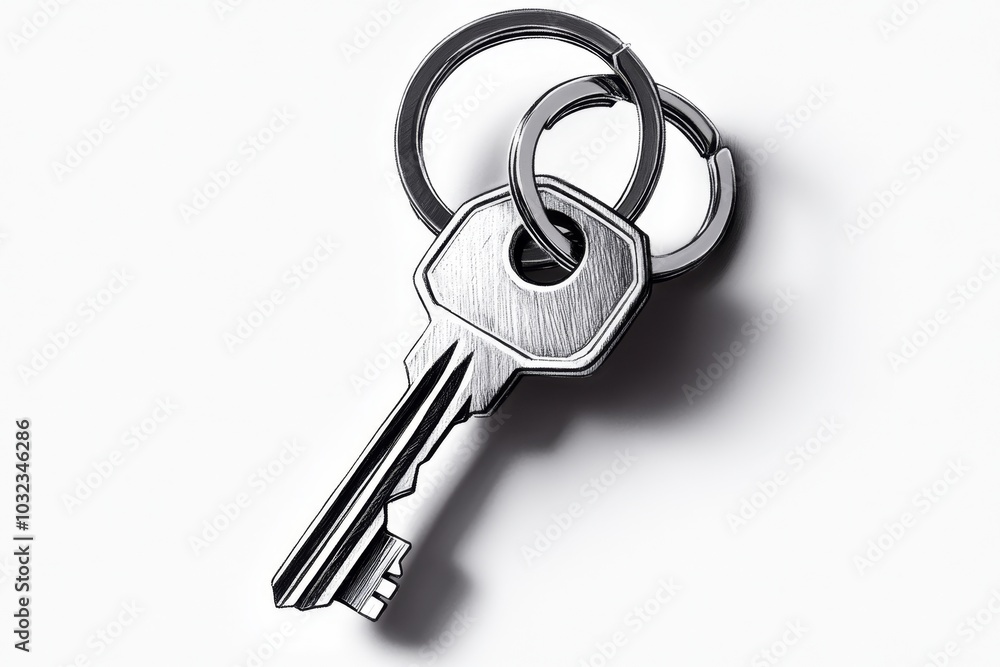 Minimalist sketch of a keyring with a single key, in black and white Minimalist sketch of a keyring with a single key, in black and white