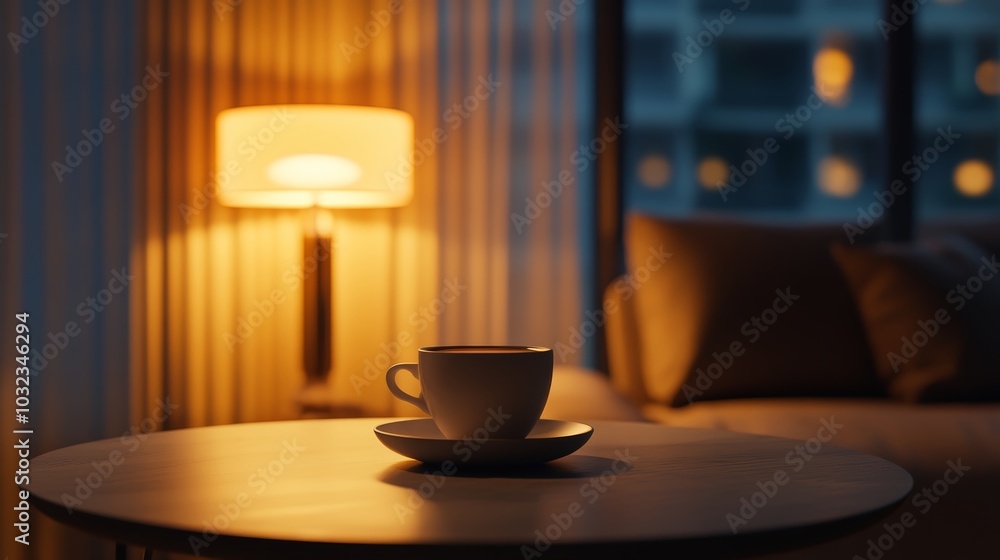 One cup of coffee on plain table, warm lighting, cozy minimalism One cup of coffee on plain table, warm lighting, cozy minimalism