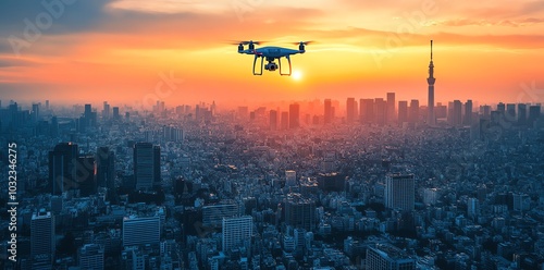 Drone flying over Tokyo cityscape at sunset.