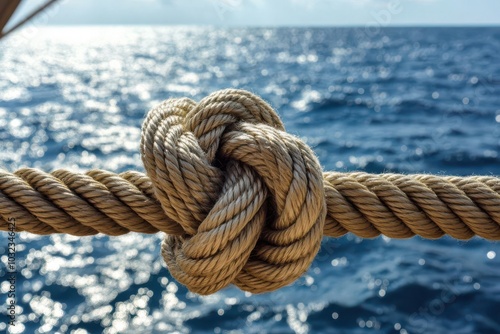 Rope knot tied firmly to the ship s deck, with shimmering water and distant horizon visible in the background, sailing tranquility, sense of calm adventure