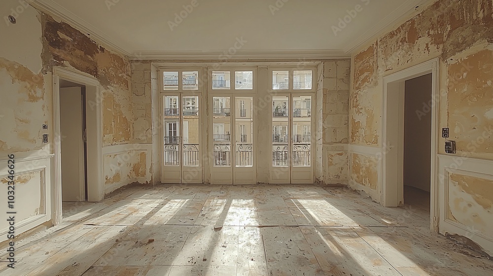 Empty room with peeling wallpaper and large windows, sunlight streaming in. Empty room with peeling wallpaper and large windows, sunlight streaming in.