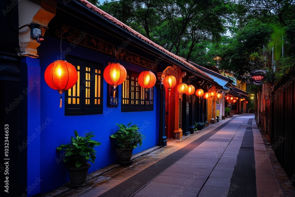 Mysterious alley in Singapore, lit only by dim lanterns and streetlights Mysterious alley in Singapore, lit only by dim lanterns and streetlights