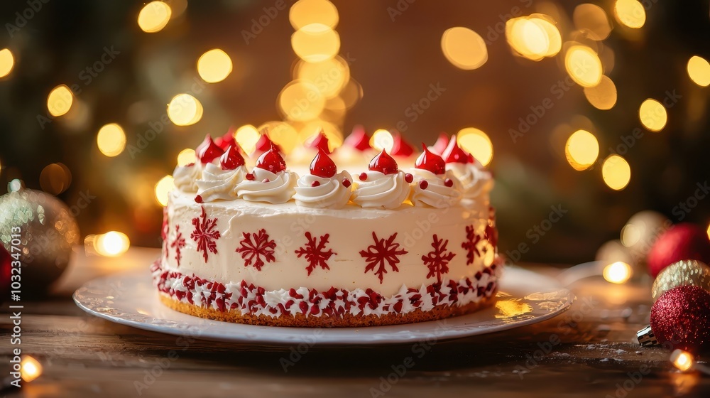 Festive holiday cake with decorative red and white frosting, surrounded by warm bokeh lights, evoking a joyful Christmas atmosphere. Festive holiday cake with decorative red and white frosting, surrounded by warm bokeh lights, evoking a joyful Christmas atmosphere.