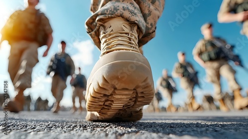 Soldiers in Uniform Proudly Marching in Parade Formation Through City Street in Honor of Veterans Day and