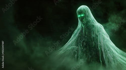 Glowing circuit ghost with neon green eyes shrouded.