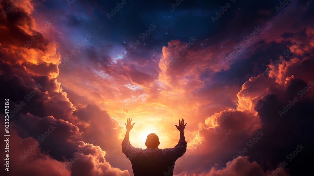A person standing against a dramatic sky at sunset with arms raised, expressing emotions in a moment of significance A person standing against a dramatic sky at sunset with arms raised, expressing emotions in a moment of significance