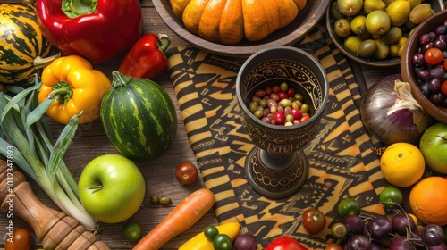 A unity cup (Kikombe cha Umoja) centered, with fruits and vegetables surrounding it, highlighting the Kwanzaa feast photo