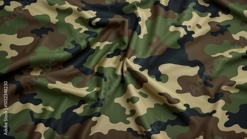 Seamless camo fabric texture, military camouflage pattern in green, brown, and black tones, copy space