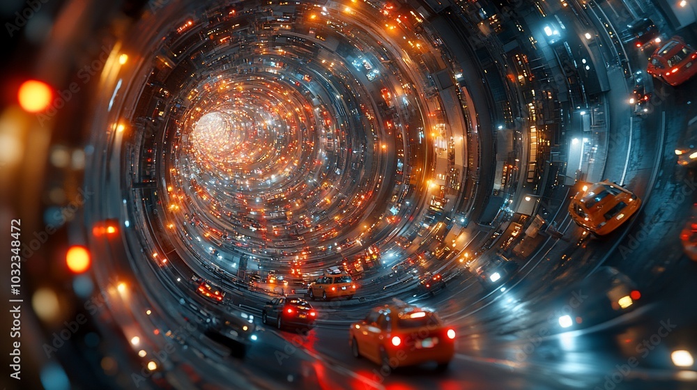 Cars drive through a swirling tunnel of lights, creating a dizzying and surreal urban landscape. Cars drive through a swirling tunnel of lights, creating a dizzying and surreal urban landscape.