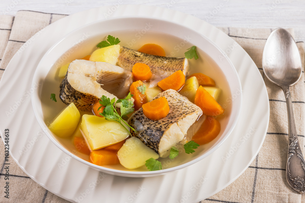 Clear Pike soup with veggies and spices, top view Clear Pike soup with veggies and spices, top view