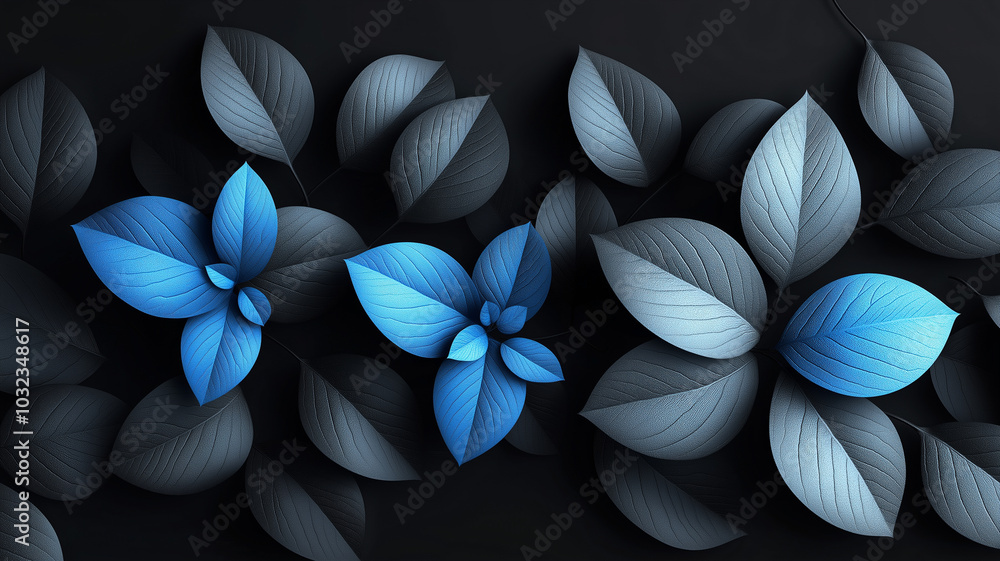 Obraz premium Blue Leaves on Black Background