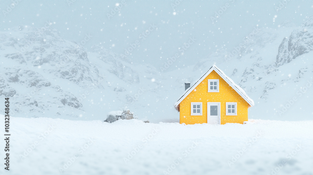 Bright yellow house in a snowy mountain landscape Bright yellow house in a snowy mountain landscape