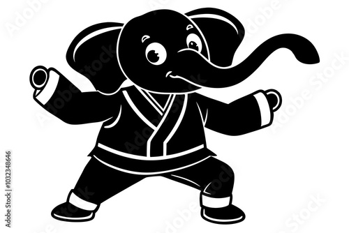 Cute elephant Peanut  practicing karate. Cartoon vector 