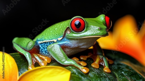 Green tree frog (Agalychnis callidryas) with red eyes, close-up photo