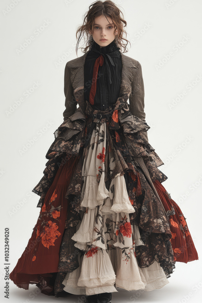 A sophisticated multi-layered dress, with a nature-inspired print of leaves and flowers in soft,, A sophisticated multi-layered dress, with a nature-inspired print of leaves and flowers in soft,,