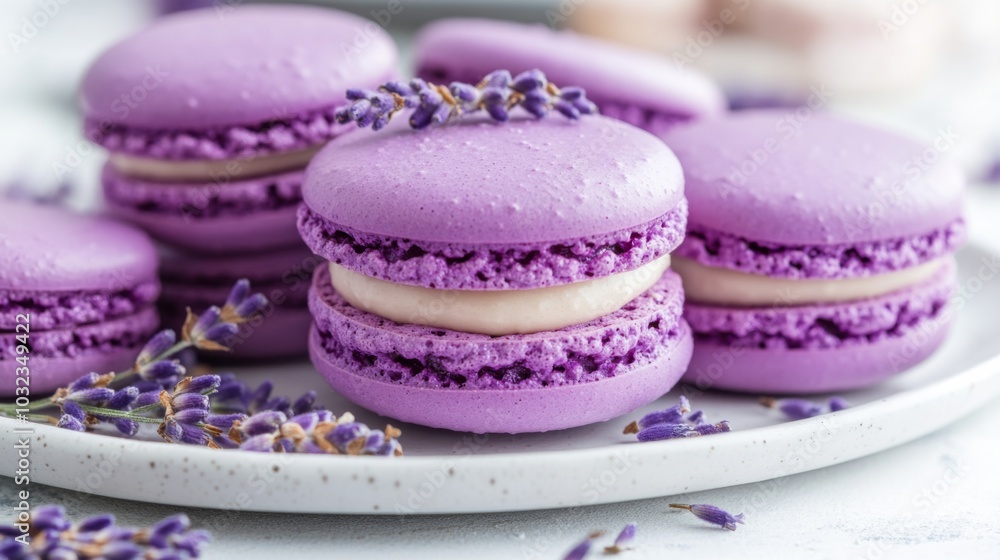 Lavender Macarons on a Plate with Lavender Blossoms Lavender Macarons on a Plate with Lavender Blossoms