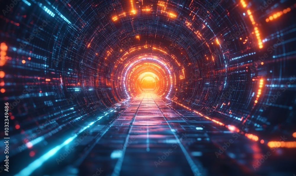 Fototapeta premium Futuristic portal gate scene, holographic teleportation on futuristic world space cyber technology background. 3D neon with glowing lines. Future technology and, Generative AI