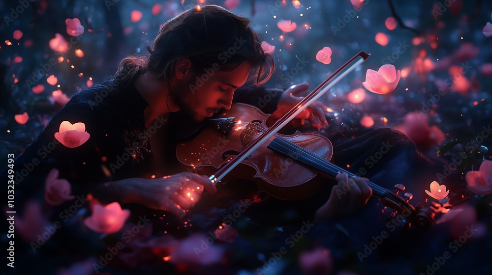 Fototapeta premium A musician playing the violin amid glowing flowers in a tranquil forest at dusk