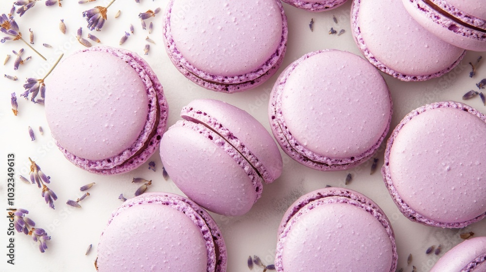 Delicate Lavender Macarons on White Surface