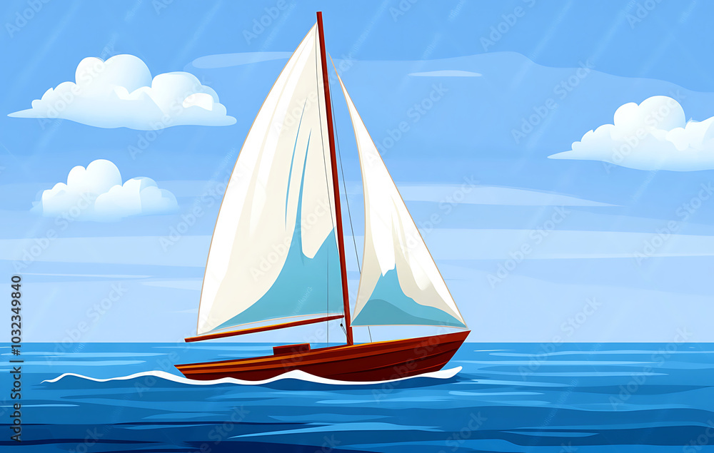 Naklejka premium Illustration of a colorful sailboat floating on a calm sea with bright clouds in the background