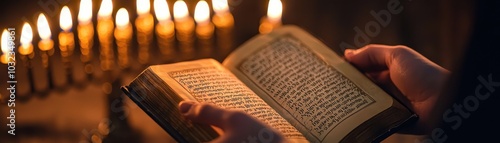 Hands holding an open religious book with glowing candles in the background, creating a warm and serene atmosphere. photo