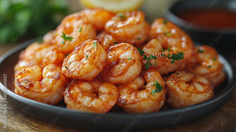 Close-up of a plate of delicious, perfectly cooked shrimp with a side of sauce. Close-up of a plate of delicious, perfectly cooked shrimp with a side of sauce.