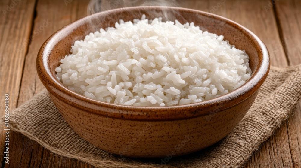 Steaming White Rice in Rustic Bowl on Wooden Table Steaming White Rice in Rustic Bowl on Wooden Table