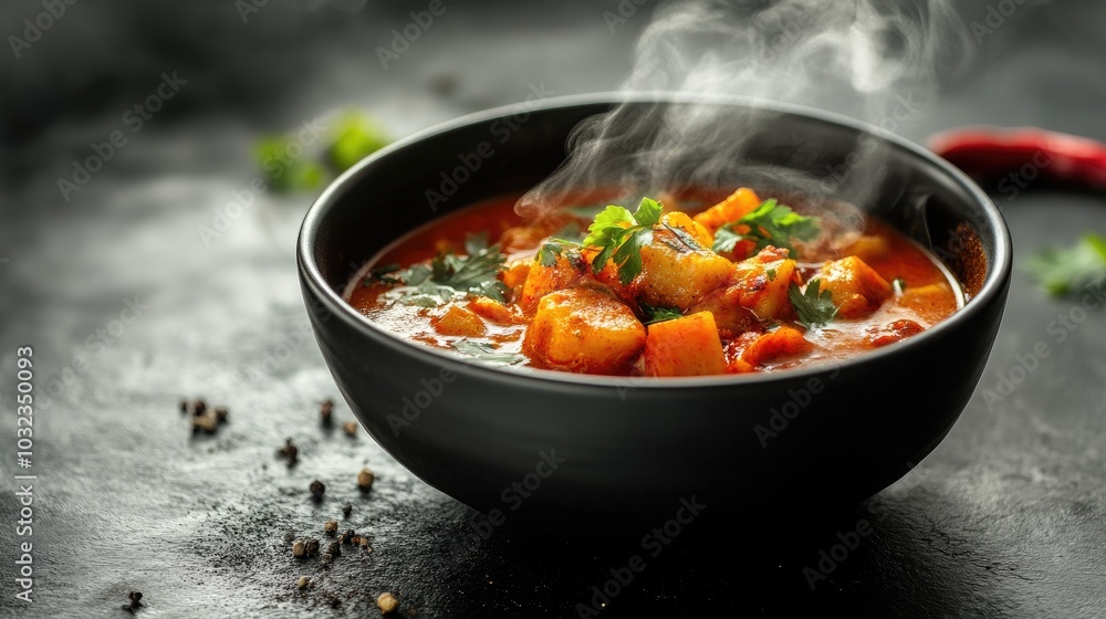 Bowl of hot curry with rising steam, set against a dark stone surface, perfect for a spicy and flavorful food concept. Bowl of hot curry with rising steam, set against a dark stone surface, perfect for a spicy and flavorful food concept.