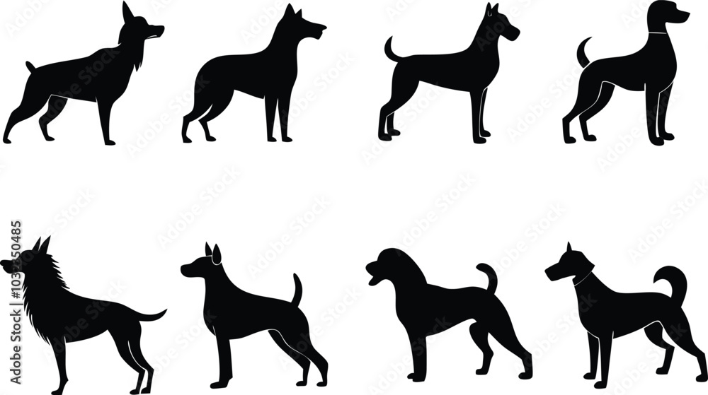 Set of Dog breeds vector silhouette in white background Set of Dog breeds vector silhouette in white background
