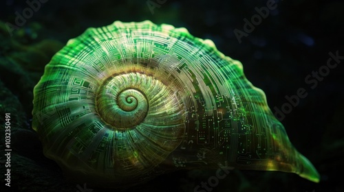 Illuminated spiral shell with circuit board patterns photo