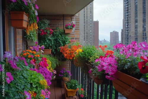 Colorful Flowers on City Balcony with Brick Wall and Cityscape View