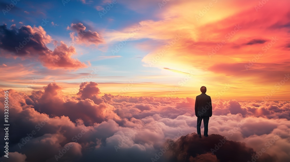 A person standing on a cloud watching a vibrant sunset over the horizon at dusk in a serene sky A person standing on a cloud watching a vibrant sunset over the horizon at dusk in a serene sky