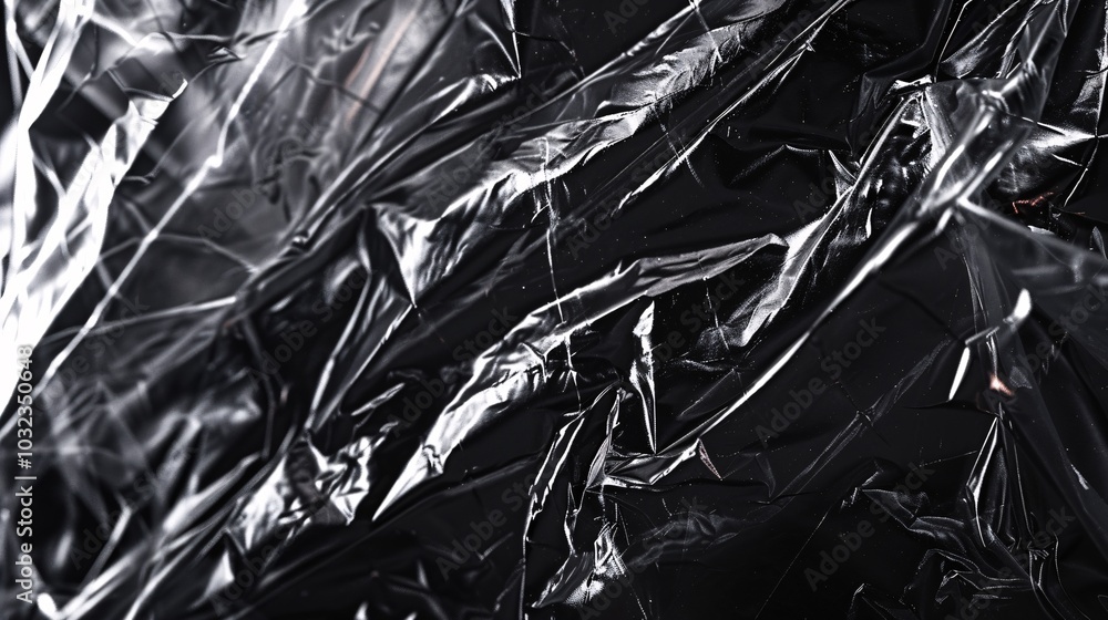 Close-up of wrinkled plastic wrap texture on a dark background, showing detailed creases and folds. Close-up of wrinkled plastic wrap texture on a dark background, showing detailed creases and folds.