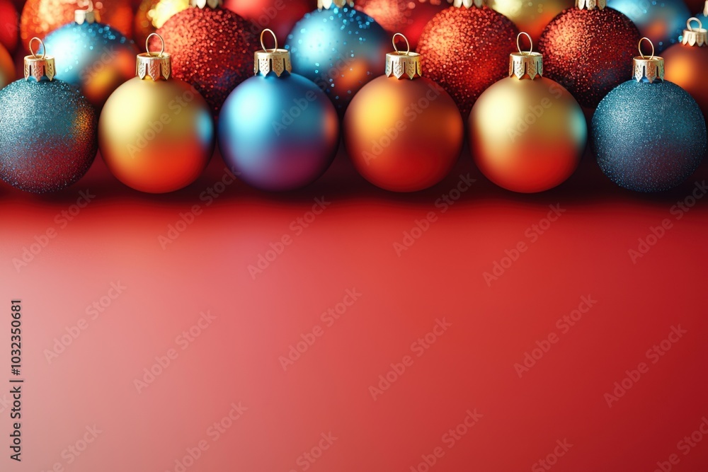 Many christmas ornaments arranged in a row on a red surface Many christmas ornaments arranged in a row on a red surface