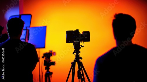 Silhouetted Film Crew Preparing for a Shoot with a Camera on a Tripod