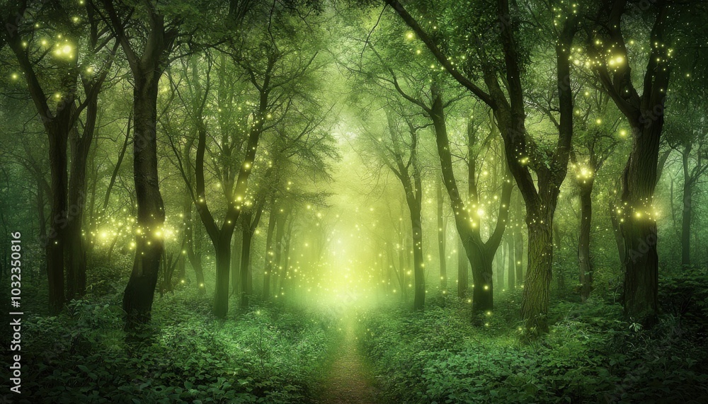Obraz premium A mystical forest scene illuminated by glowing orbs, creating an enchanting and serene atmosphere.
