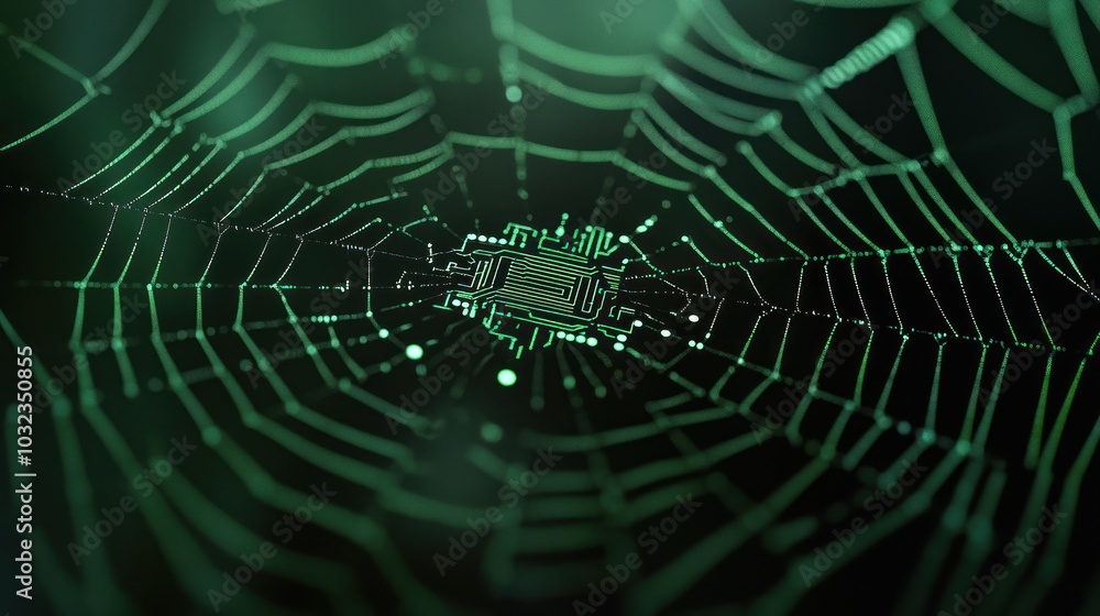Obraz premium Digital Interface: Glowing Green Web with Circuit Lines