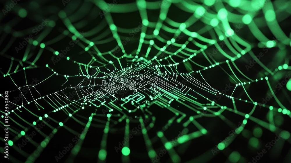 Intricate green digital spiderweb matrix design art. Intricate green digital spiderweb matrix design art.