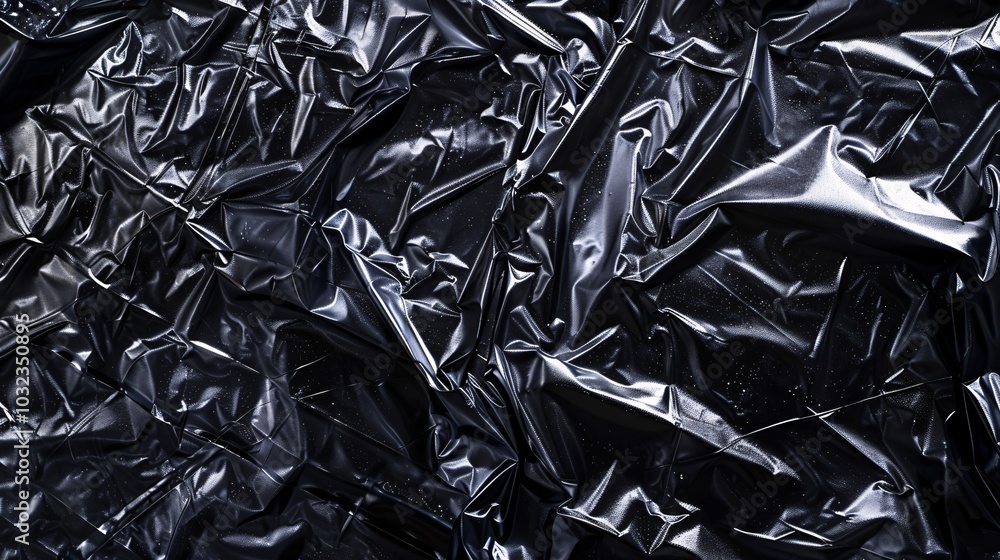 Crumpled plastic wrap against a black backdrop, highlighting the shiny and transparent texture. Crumpled plastic wrap against a black backdrop, highlighting the shiny and transparent texture.