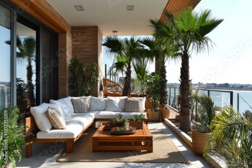 Modern Balcony with White Sofa Palm Trees and Sea View