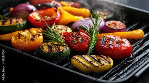 Grilled vegetables on a hot pan with steam rising, set on a black stone background, perfect for a healthy hot meal concept.