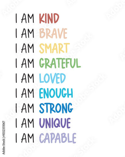 I am kind, I am Brave, I am Smart, I am Grateful, I am Loved, I am Enough, I am Strong, I am Unique, I am Capable. Affirmation Quote: Empowering Self-Worth Poster