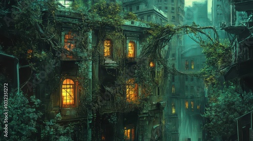 Wallpaper Mural Overgrown buildings with glowing windows. Torontodigital.ca