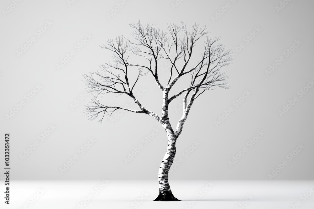 Obraz premium Simple line drawing of a single birch tree, with delicate branches