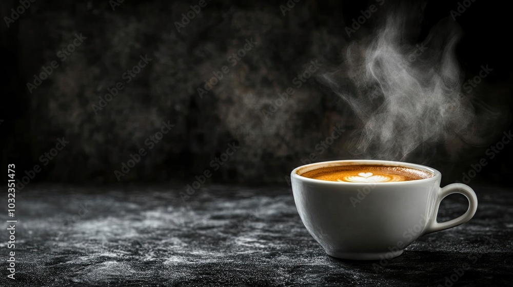 Hot cup of coffee with visible steam, placed on a black stone background for a warm and inviting beverage concept. Hot cup of coffee with visible steam, placed on a black stone background for a warm and inviting beverage concept.