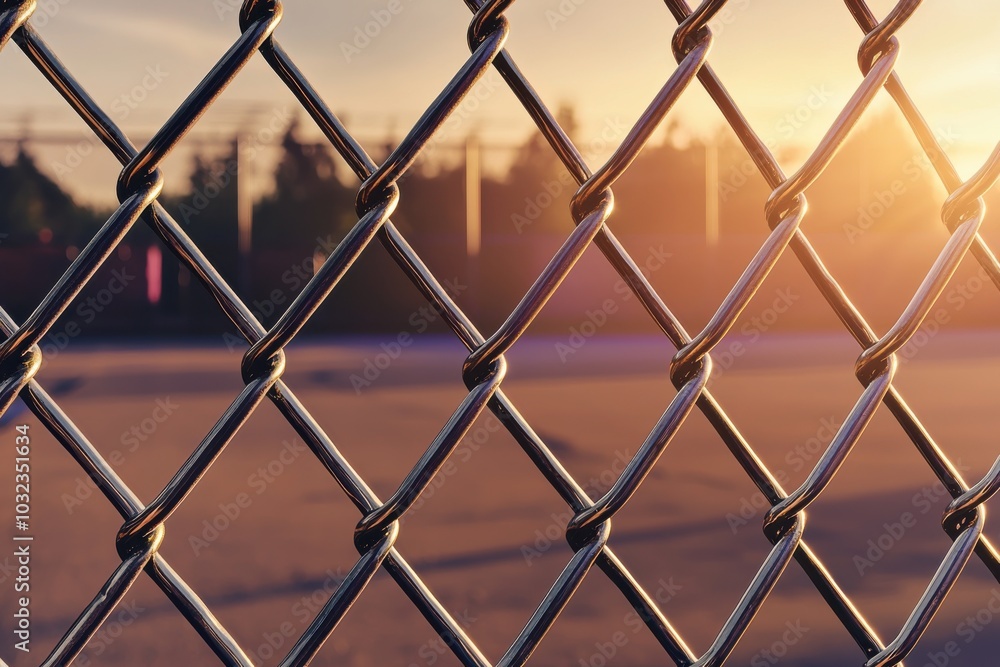 A close-up view of a chain-link fence with a sunset in the background, creating a serene atmosphere. A close-up view of a chain-link fence with a sunset in the background, creating a serene atmosphere.