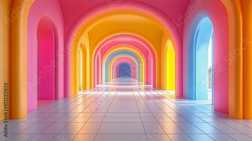 A vibrant, colorful hallway with arched doorways leading to a bright, open space.