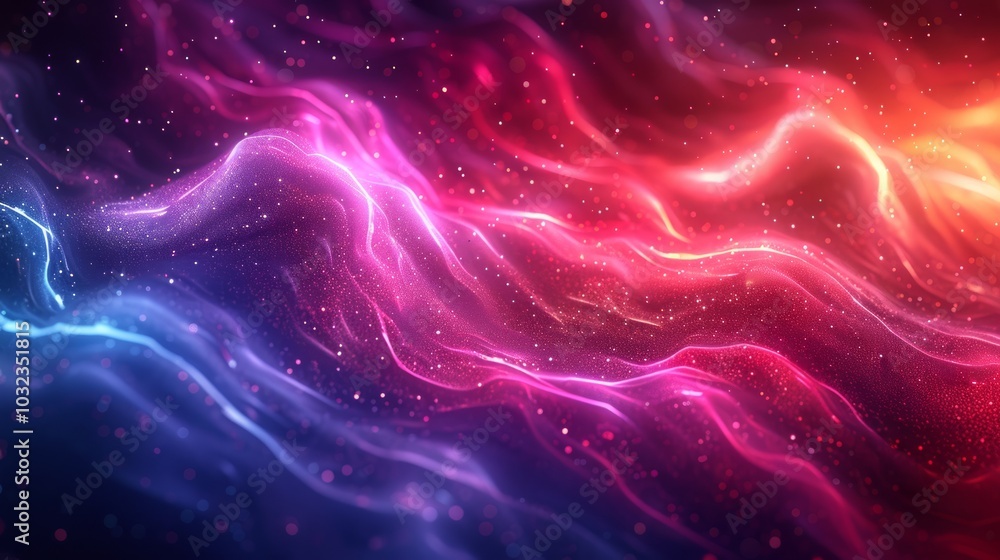 Abstract background with glowing waves and particles in red, blue, and pink. Abstract background with glowing waves and particles in red, blue, and pink.