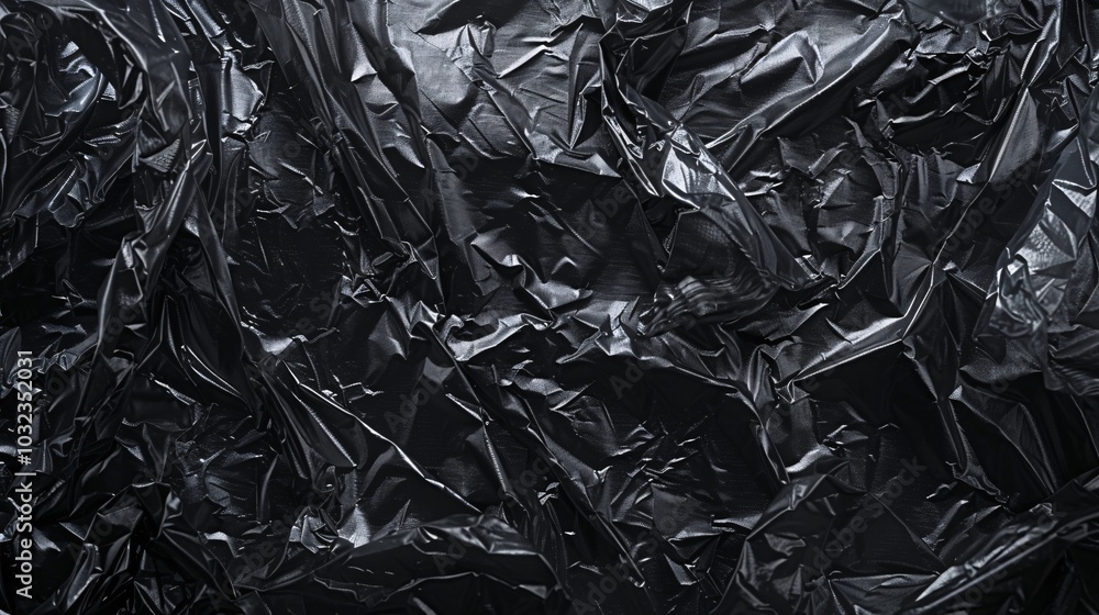 Crinkled plastic wrap texture on a black surface, showcasing the fine lines and patterns formed by the folds. Crinkled plastic wrap texture on a black surface, showcasing the fine lines and patterns formed by the folds.